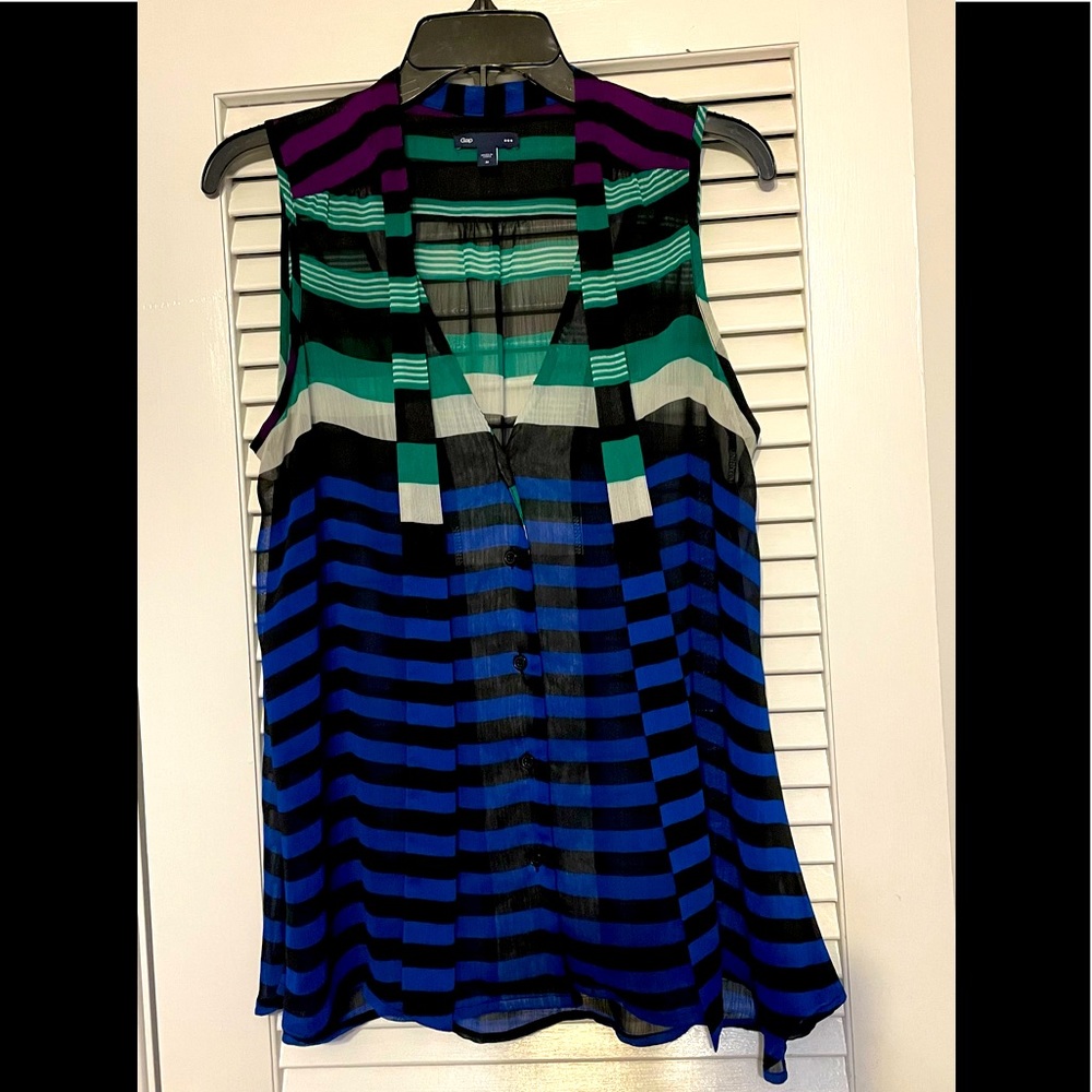Gap Striped Sheer Button up Neck ties Sleeveless Top